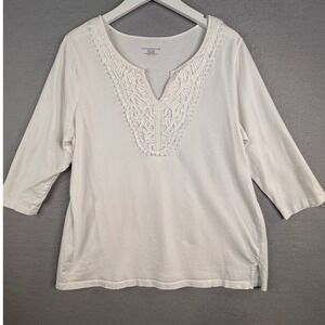 Charter Club Top Women 1X White Crochet Lace Neck 3/4 Sleeve Cotton Knit
